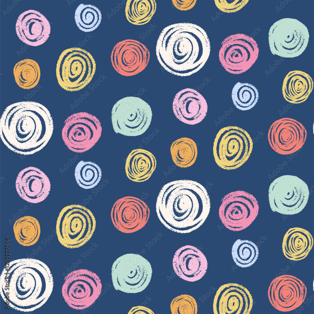 Poster polka dots seamless pattern crayon drawn. circle confetti endless background. birthday round points 