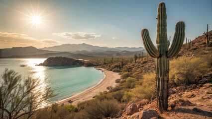 Sunlit desert landscape with cactus and serene beach