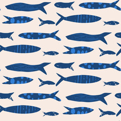 Fish seamless pattern. Sardines blue textured allover background. Coastal repeat cover. School of salmon continuous ornament. Surface pattern design seafood motif. Vector hand drawn illustration.