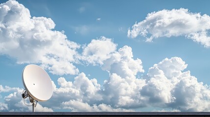 Modern Satellite Dish Installed on Rooftop Against a Bright Blue Sky with Fluffy White Clouds