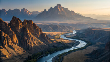 Fototapeta premium Majestic mountain landscape with winding river at sunrise