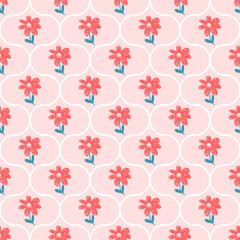Flowers crayon drawn seamless pattern. Floral allover background. Damask botanic repeat backdrop. Surface pattern design spring ogee motif. Vector hand drawn illustration.