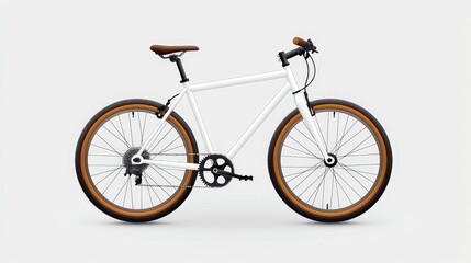Fototapeta premium Modern Simple White Bicycle with Brown Saddle and Orange Accent Wheels on a Minimalist Background