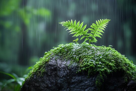 Fern sprouting on mossy rock in rain. Perfect for nature, growth, and renewal themes, evokes peace and serenity.