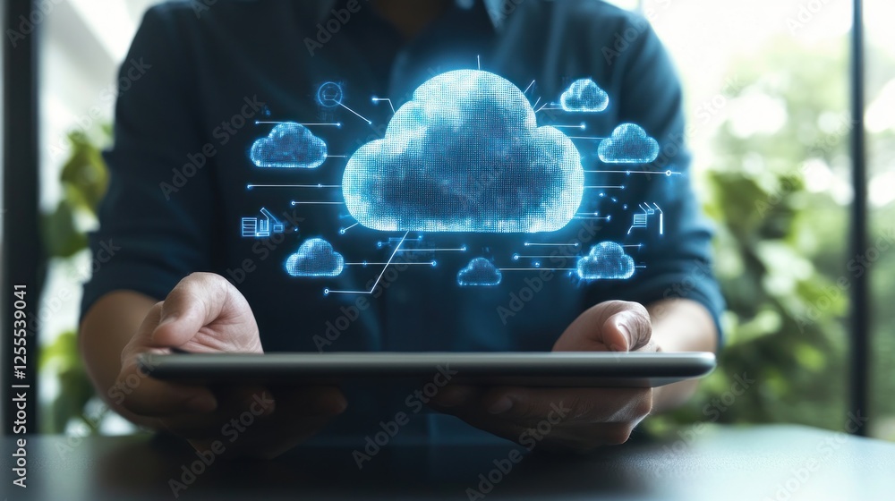 Poster cloud technology concept with a man holding a tablet displaying data