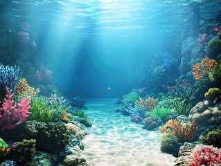 Naklejka premium Vibrant Coral Reef Ecosystem with Sunlight Filtering Through the Water