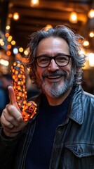 Obraz premium Smiling man holding light-up object, city night