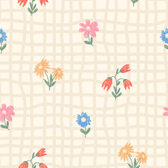 Flowers crayon drawn seamless pattern. Floral allover background. Line art stroke botany repeat backdrop. Surface pattern design spring motif. Vector hand drawn illustration. © Syuzann q