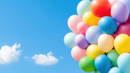 Colorful Balloons Against Bright Blue Sky with Fluffy White Clouds