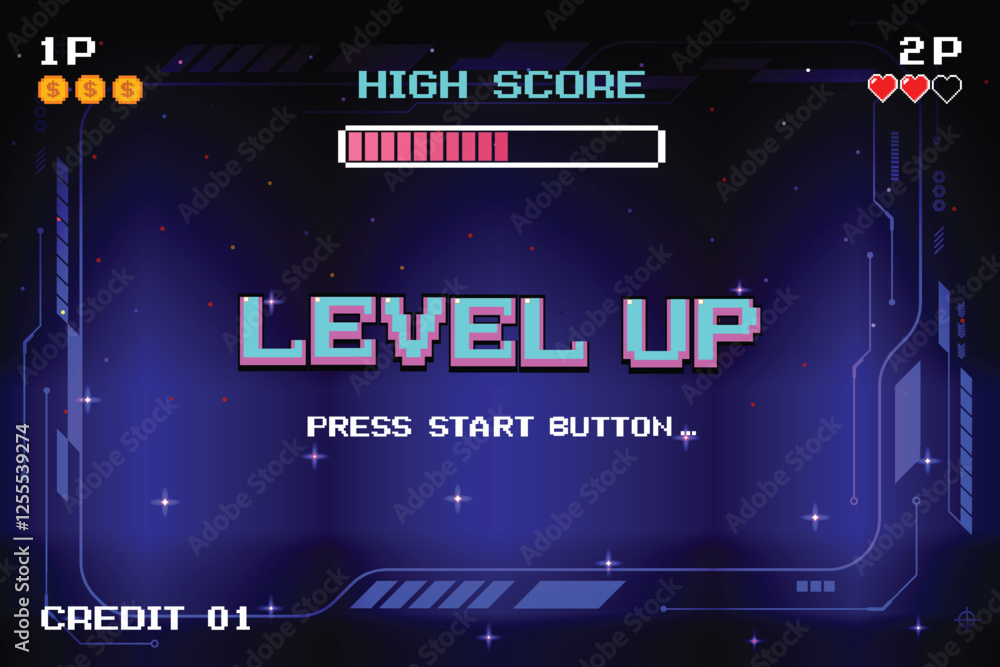 Poster level up. press start button. pixel art. 8 bit game. retro game. for game assets in vector illustrat