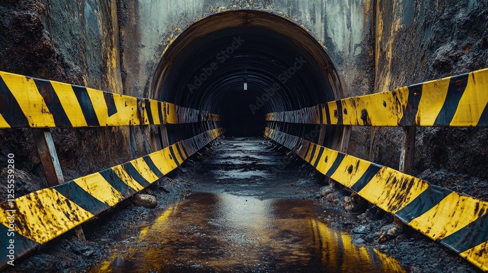 Poster a dramatic image of yellow and black barricade tape blocking a tunnel entrance, creating a tense, my