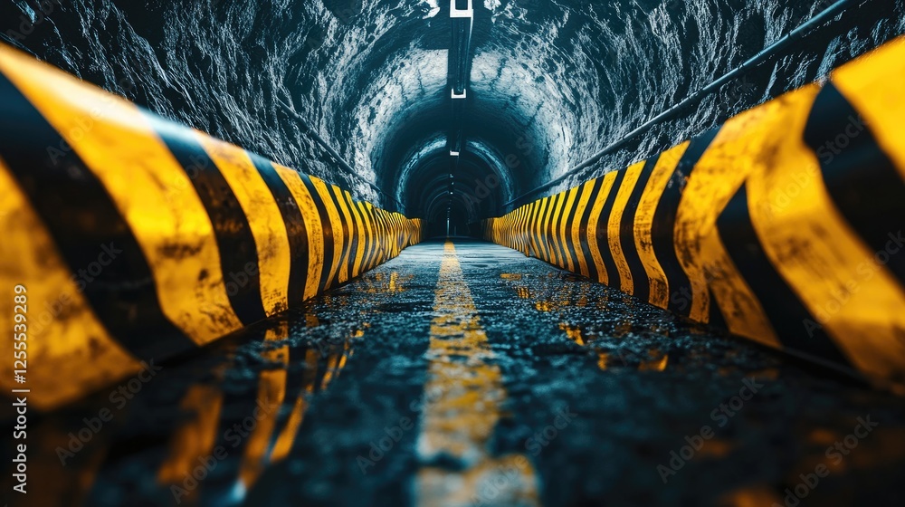 Poster a dramatic image of yellow and black barricade tape blocking a tunnel entrance, creating a tense, my