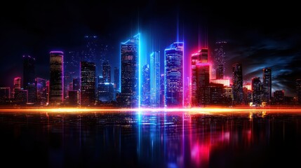 Fototapeta premium Colorful Night Cityscape with Neon Lights and Reflection on Water