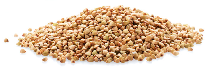 Hulled kernels of buckwheat cereal isolated on white background.