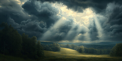 A dramatic, stormy sky with rays of sunlight breaking through the clouds over an open field