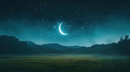 A serene night sky with a crescent moon illuminating a quiet landscape.