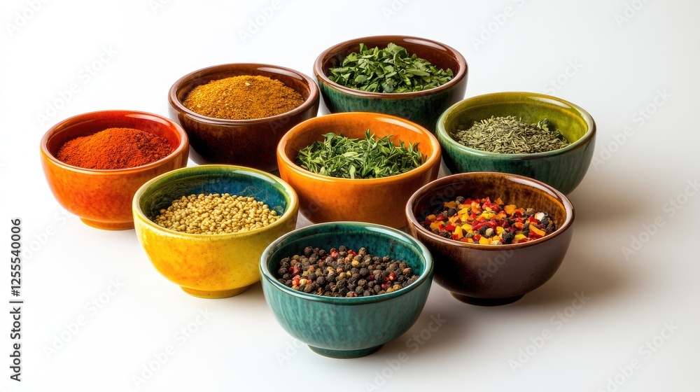 Poster a dynamic and colorful collection of herbs and spices in bowls, arranged for a beautiful and vibrant