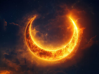 Obraz premium Crescent moon with shining rays and a graceful Arabic calligraphy design