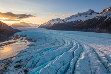 Fototapeta premium Majestic glacier landscape at sunset with rugged mountains