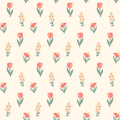 Flowers crayon drawn seamless pattern. Floral allover background. Line art stroke botany repeat backdrop. Surface pattern design spring motif. Vector hand drawn illustration.
