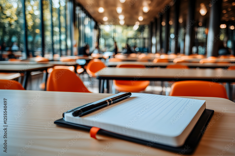 Aufkleber blank notebook and pen on a table in a modern, bright cafeteria with blurred background of tables an