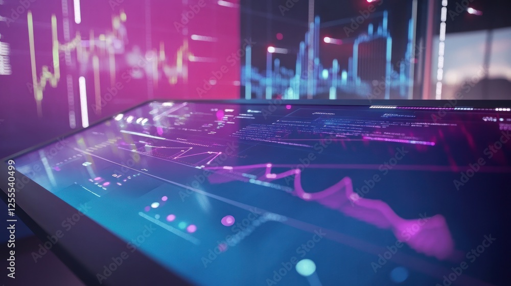 Poster futuristic stock market analysis on digital screen with abstract data visuals