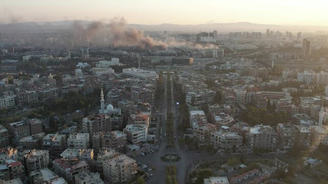 Drone shot of Damascus, Celebrations for the fall of Bashar al-Assad.