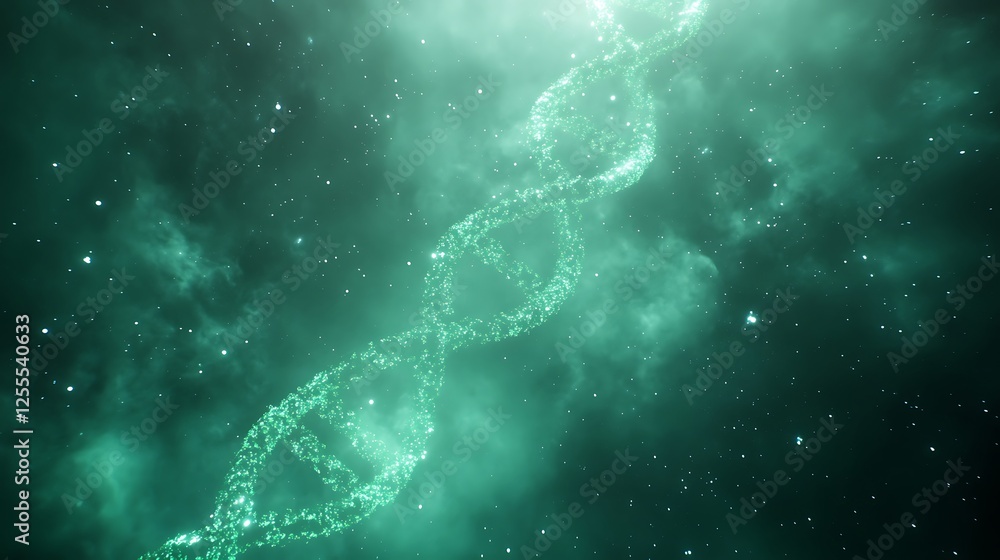 Aufkleber a glowing dna helix floats in a cosmic green backdrop, suggesting the connection between life and th