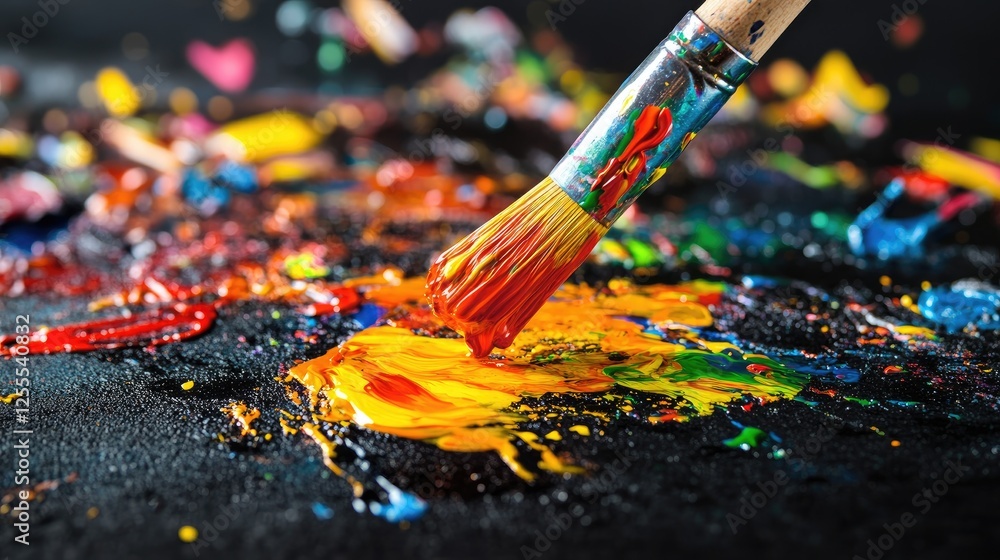 Aufkleber A dynamic shot of colorful paint dripping from a brush onto a glossy black surface, creating an explosion of color and artistic movement