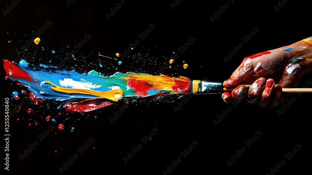 Poster A dynamic shot of colorful paint dripping from a brush onto a glossy black surface, creating an explosion of color and artistic movement