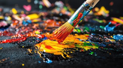 Obraz premium A dynamic shot of colorful paint dripping from a brush onto a glossy black surface, creating an explosion of color and artistic movement