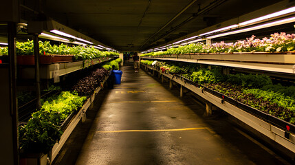 Fototapeta premium Row of sustainable urban plants and tulips in a community garden setting with green spaces and soil