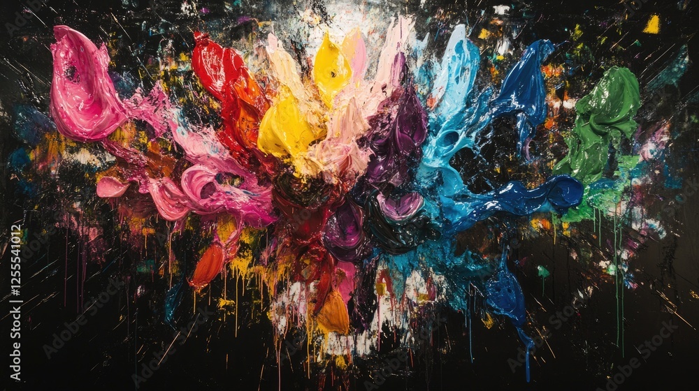 Aufkleber A dynamic shot of colorful paint dripping from a brush onto a glossy black surface, creating an explosion of color and artistic movement