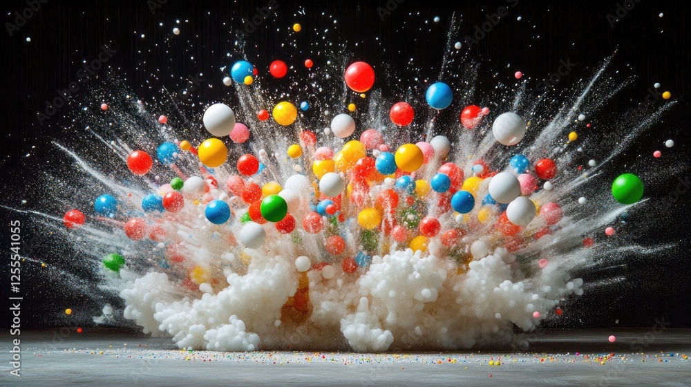 Poster A dynamic shot of vivid Styrofoam mini balls exploding outward, with motion blur creating depth and energy as they scatter through the air