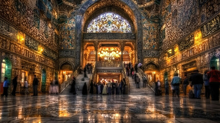 Fototapeta premium Majestic interior of a grand hall with intricate designs, bustling crowd, and ornate chandeliers