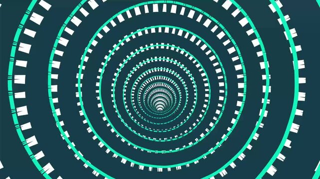 Animation of circle  moving on black backgorund. colour, movement and digital interface concept, and glowing circles in gren and blue.
