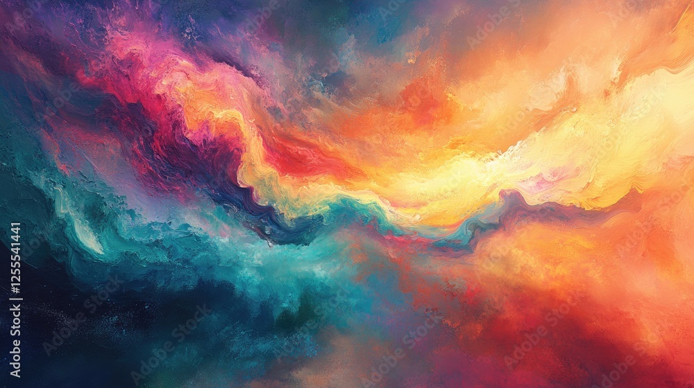 Poster A dynamic splash of vibrant paint swirling in water, creating a mesmerizing blend of colorful clouds and gradients in motion