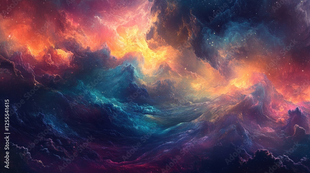 Poster A dynamic splash of vibrant paint swirling in water, creating a mesmerizing blend of colorful clouds and gradients in motion
