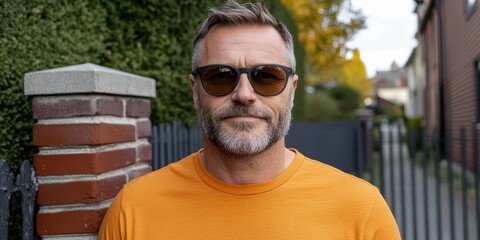 A mature man with sunglasses in an orange shirt stands confidently, embracing a warm, sunny day with greenery in the background.