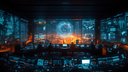 Futuristic command center with digital panels and holograms overlooking a night city.