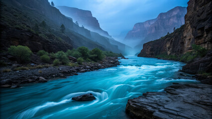 Fototapeta premium Majestic river flowing through canyon at dusk, creating serene atmosphere