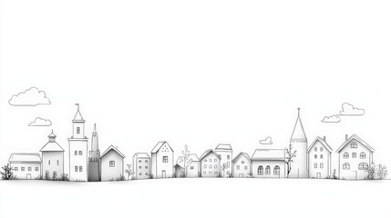 Minimalistic Line Art Drawing of a Charming Village Landscape with Houses and Trees