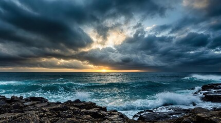 Obraz premium Dramatic Seascape at Sunrise with Stormy Clouds.