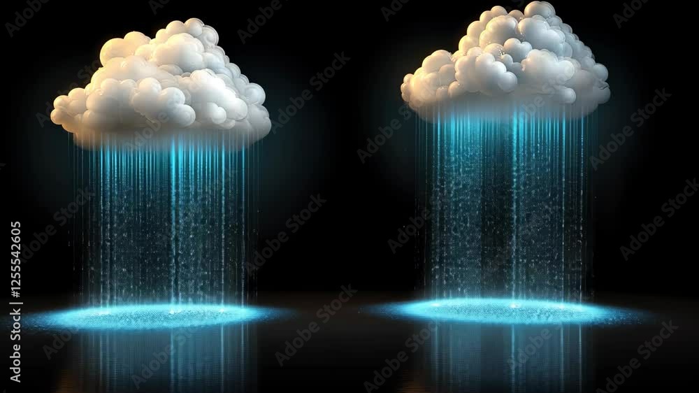 Poster glowing rain cascades from clouds in a serene environment, creating a mesmerizing nighttime atmosphe