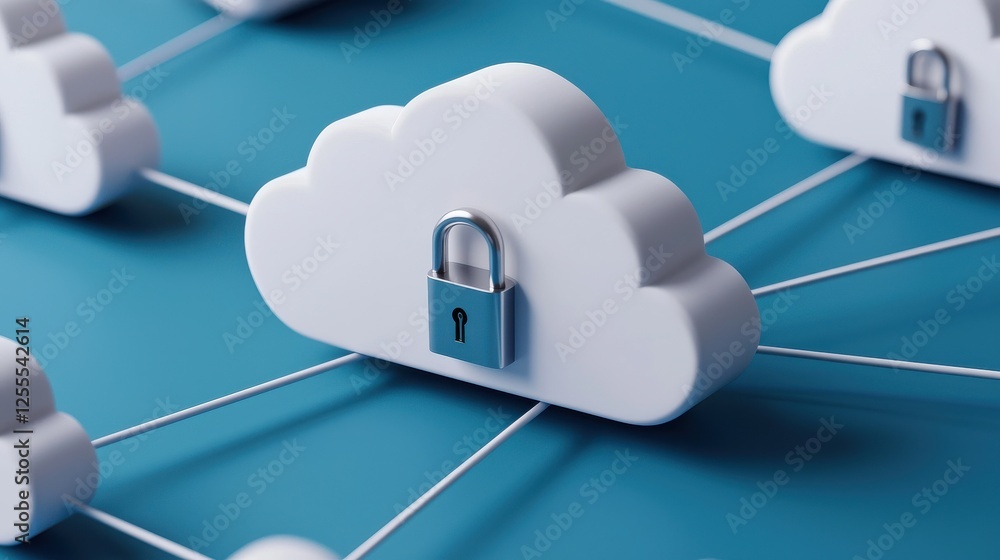 Poster secure cloud storage concept with lock symbol on blue background