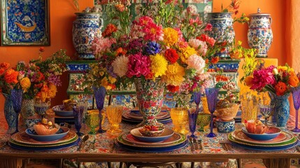 A festive table setup with a vibrant floral centerpiece, colorful plates, and matching glassware, creating a joyful and celebratory atmosphere