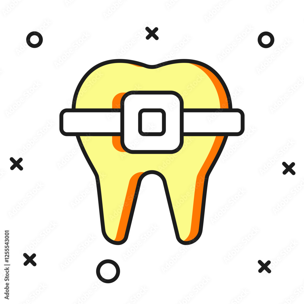 Poster filled outline teeth with braces icon isolated on white background. alignment of bite of teeth, dent