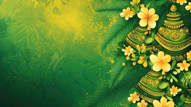 A festive Thaipusam banner in green and yellow tones, adorned with kavadi designs and floral accents, evoking a joyful atmosphere