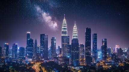 Obraz premium Night City Skyline With Milky Way Panorama