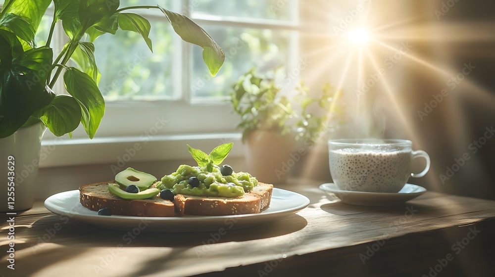 Poster a bright morning scene featuring a plate of toast topped with avocado and a side of olives, compleme